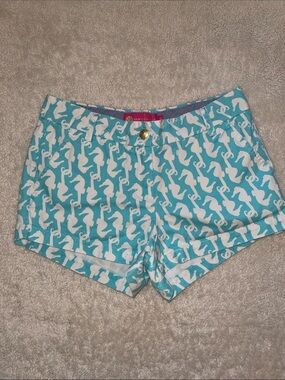 Macbeth Collection by Margaret Josephs Aqua and White Seahorse Print Jean Shorts
